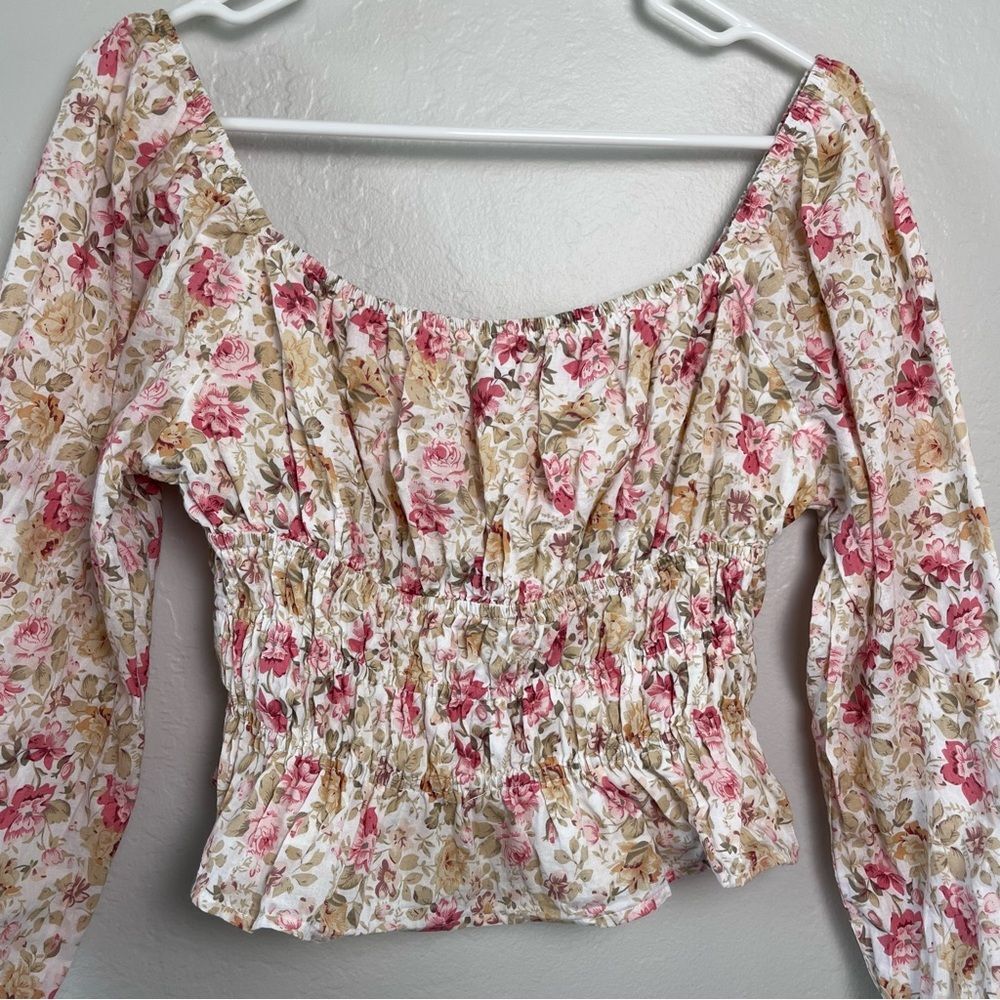Lucca Pink Floral Smocked Off-Shoulder Blouse M | Romantic Cottagecore Soft Girl